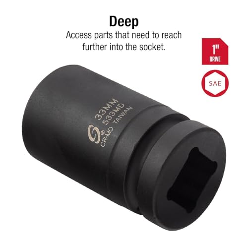 SUNEX TOOLS 533MD, 1 Inch Drive, 33mm Deep Impact Socket, Cr-Mo Steel, Radius Corner Design, Chamfered Opening, Dual Size Markings 1"Dr 33mm Deep Impact Socket, 1 PC