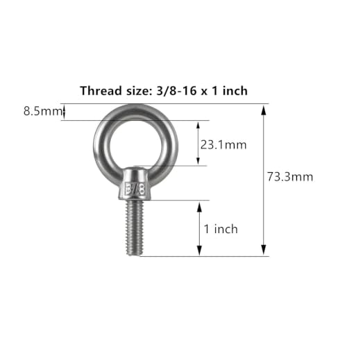 20 Packs Stainless Steel 304 Ring Eye Bolts 3/8"-16, 1" Long Thread 20 3/8"-16 x 1"