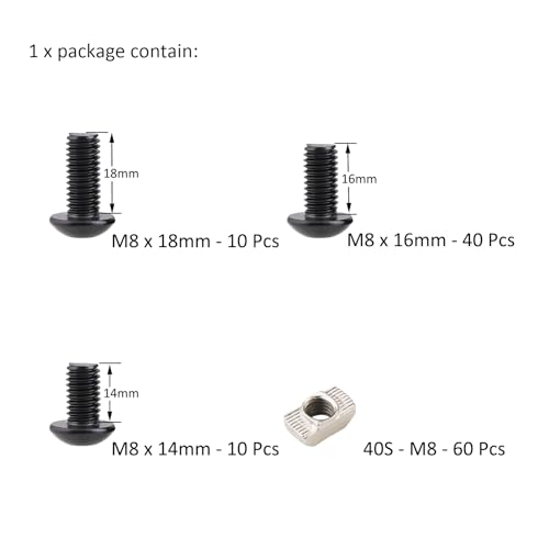 120Pcs 4040 Aluminum Extrusion Hardware Black Kit - M8 T Slot Nuts & Bolts 10Pcs M8x14, 40 M8x16, 10 M8x18, 60Pcs 40 Series M8 Drop-in T Nuts, Compatible with 4040 4080 Extrusion Accessories 40 Series Type Black