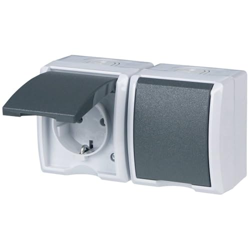 REV AquaForm Double Socket, Wet Room Socket, IP44, 1-Pole, Surface-Mounted, Grey 1 x horizontal double socket