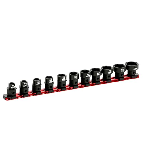ARES 29021 11-Pc 1/2in SAE Nano Sockets, Low Profile, w/Rail 11-Piece SAE Nano Impact Socket Set
