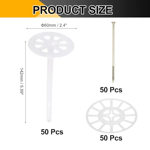 PATIKIL 142mm Perforated Insulation Pins, 50 Pcs Insulating Nails Wall Plug Plastic Expansion Bolt for Fixing Foam Boards to Masonry Wall or Ceiling