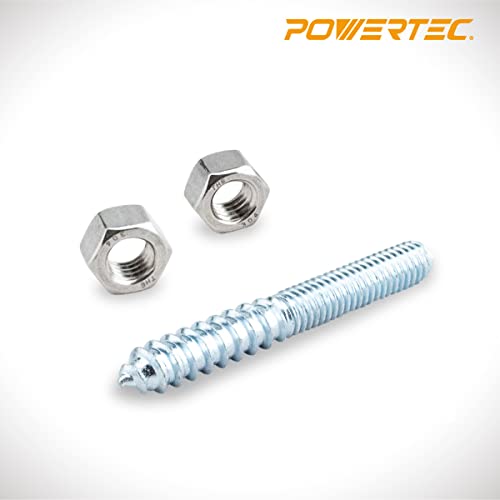 POWERTEC QHB1003 Hanger Bolts 3/8-16 x 3 Inch, with 2 Piece Bolt Installation Hex Nuts (Pack of 50) 3/8" Hanger Bolts(50 case)