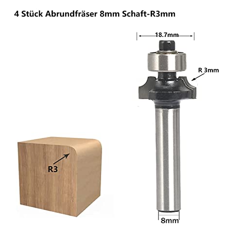 Rounding Cutter Set of 4 HW for Routers, Shaft 8 mm, R 3-4-5-8 mm | HW cutting and ball bearings for clean rounding. Ideal for solid wood, MDF, plywood and multiplex. 4-Piece Set