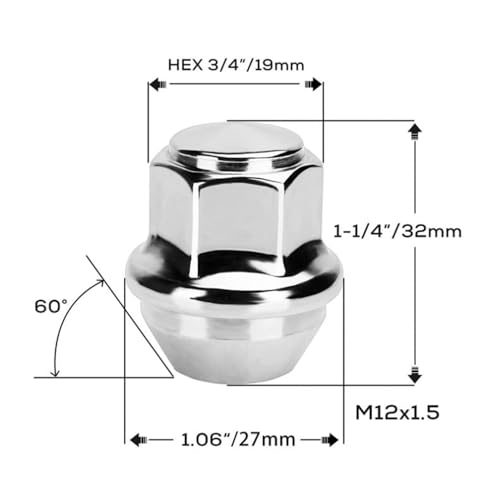 M12x1.5 Chrome Lug Nuts 1-1/4" Heigh, Compatible with Focus, Fusion, Escape, EcoSport, Fiesta, Lincoln, MKC, MKZ, OEM Factory Style Replacement Lug Nuts, 20 Pack