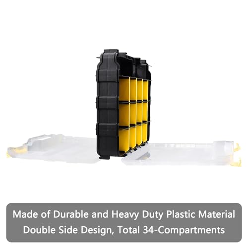 AIDY-PRO Tools Box Organizer Double Side 34 Compartments Hardware Organizers with Removable Plastic Dividers for Screws Nuts Nails Yellow 2 PACK