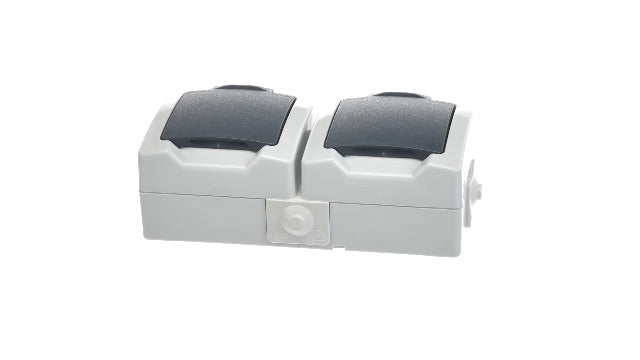 Kopp Nautic Double Socket Surface-Mounted for Wet Rooms with Hinged Lid & Touch Protection, Earthing Contact Socket 16 A / 250 V / IP44, Surface-Mounted Socket, Grey, 137056002 2-gray 2-gang horizontal