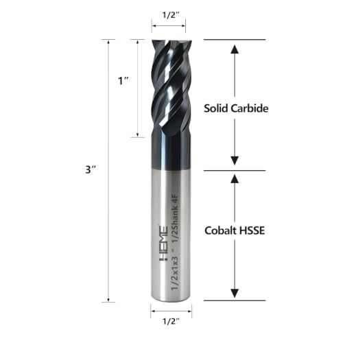 HEME Tools Welded Carbide End Mill Square Milling Cutter for Alloy Steels, Cast Iron, Hardened Steel Cutting- 4 Flutes, 1/2 Shank (1/2-3″ 1-Piece Pack) 1/2-3"4F 1PC