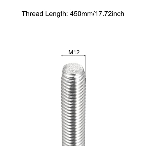 MECCANIXITY Fully Threaded Rod M12 x 450mm 1.75mm Thread Pitch 304 Stainless Steel Right Hand Threaded Rods Bar Studs 2 Pack
