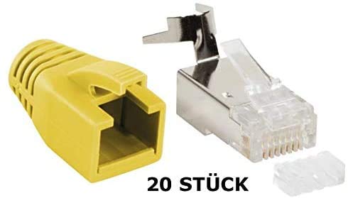 Faconet Pack of 20 RJ45 network plugs CAT 7A CAT 6A CAT7 yellow up to 10 Gigabit crimp plug modular plug connector kink protection case installation cable network LAN cat7 cat8.1 AWG23 insertion aid