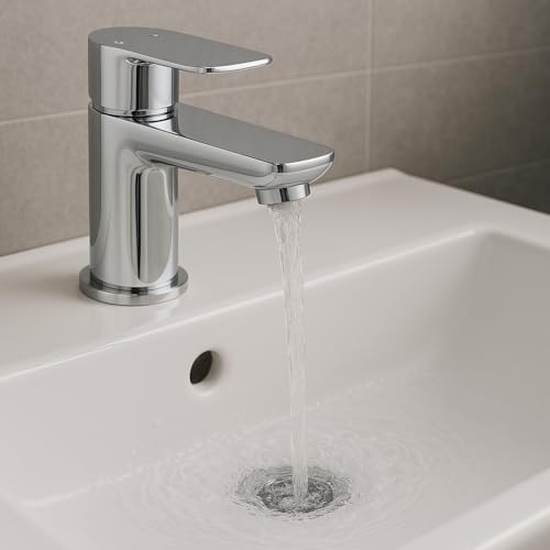 Basin Mixer Tap – Chrome Finish Single Lever Bathroom Sink Mixer | Deck Mounted, Hot & Cold Water | Modern Compact Tap with Flexible Connectors (Flat) Flat