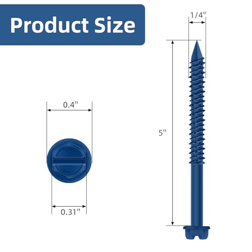 1/4" x 5" Blue Hex Head Concrete Screw Anchor Kit for Anchoring to Masonry, Block or Brick, 50 PCS 1/4" x 5" Blue-Hex Head