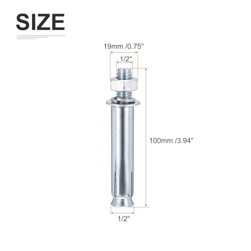 DTGN 1/2" x 4" Hex Nut Sleeve Anchors - 10Pack - Good for Concrete Dry Brick Block Walls - Carbon Steel - Silver 10 1/2" x 4"