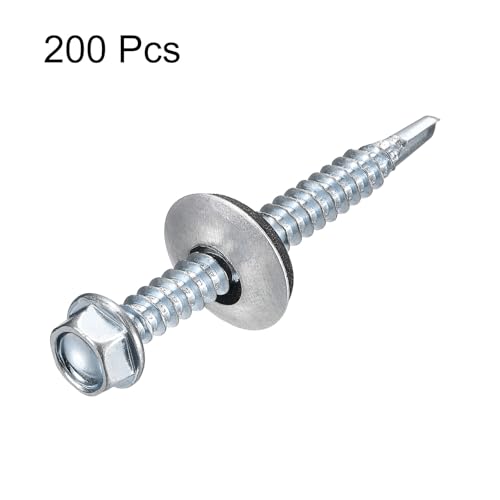 uxcell #12x2 Self Drilling Screws with Rubber Washer, 200Pcs Zinc Plated Finish Hex Head Self Tapping Screws with EPDM Washer for Metal #12x2" 200