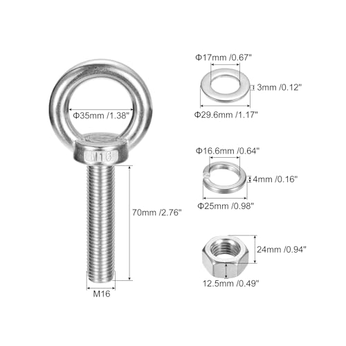 uxcell Lifting Eye Bolt, 4 Sets M16 x 70mm Eye Bolt with Nut Washer 304 Stainless Steel Shoulder Lifting Ring Eye Bolt for Hanging Item