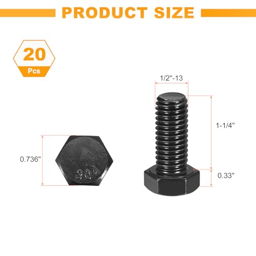 uxcell 20Pcs 1/2-13 x 1-1/4" Hex Head Bolts, 304 Stainless Steel Fully Threaded Hex Head Screw, Black Oxide Finish, Hex Bolts for Construction, Machinery Manufacturing, Black 1/2-13 x 1-1/4" 20