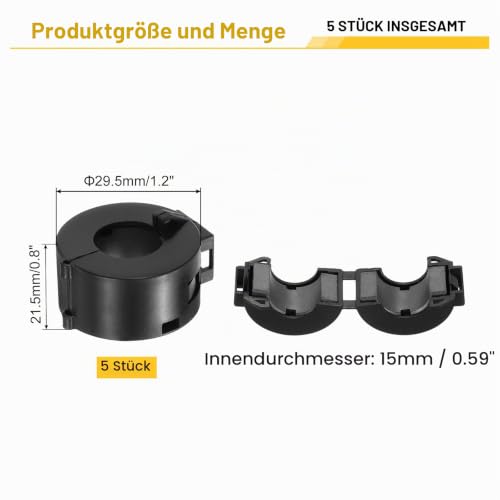 QUARKZMAN Ferrite Ring Core 15 mm ID RFI EMI Cable Clip Black Pack of 5 | Noise reduction cable clip for USB cable, audio and video cable power cable 15mm