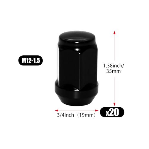 20pcs M12x1.5 Black Wheel Lug Nut, 35mm Length Cone Seat 19mm Hex, Compatible with Accord Civic CRV Element HRV Odyssey Trailblazer TSX Fusion Focus Escape Tacoma Avalon Camry