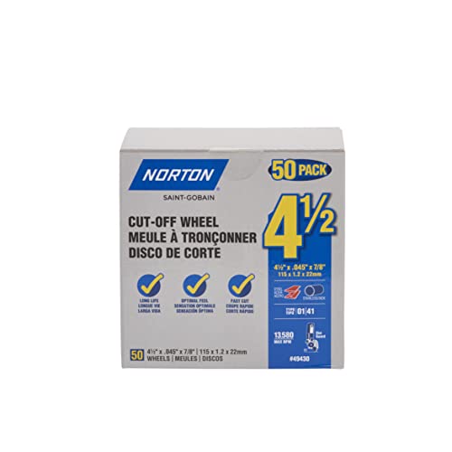 Norton Cut Off Wheels 50-Pack, 4 1/2 Inch High Performance Metal & Stainless Steel Cutting Disc, 7/8'' Arbor, Compatible with Angle Grinders Pack of 50