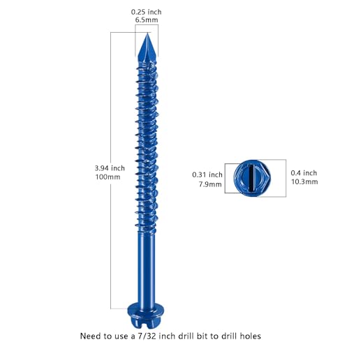 Wensilon(100 PCS) 1/4" * 4" Slotted Hex Concrete Screws Anchor Blue Hexagon Head for Anchoring to Masonry, Block or Brick Stucco 1/4" * 4" 100