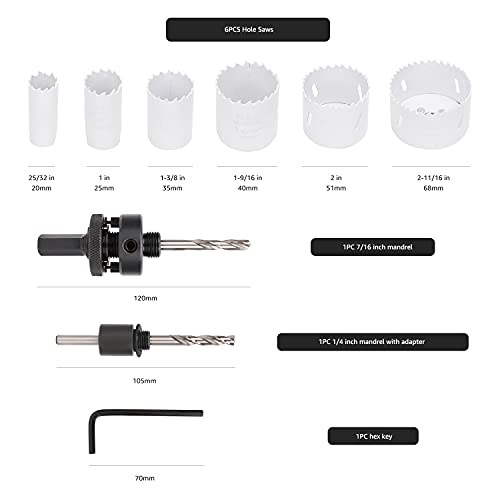 Amazon Basics 9-Piece Bi-Metal High Speed Steel Hole Saw Kit for Cutting Holes in Metal, Plastic, Plasterboard with Carrying Case, 25/32" to 2-11/16", Black 25/32" to 2-11/16”