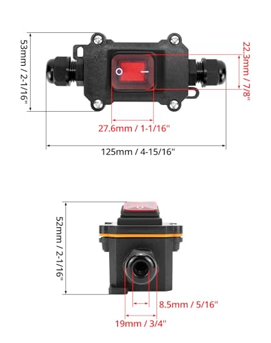 QWORK IP65 Waterproof Inline Cable Switch with Red Indicator Light 12-24V 30A DPST Rocker Switch Dual Position On/Off Rocker Switch