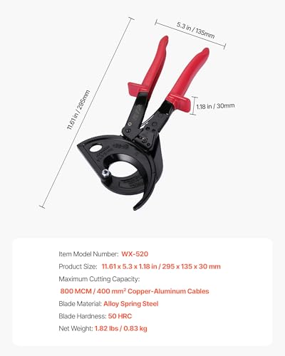 VEVOR Ratcheting Cable Cutter, Spring Steel Blades with Insulated Handles, Quick-Release Button, Heavy Duty Ratchet Cable Wire Cutter for Cutting Copper & Aluminum Cables Up to 800 MCM / 400 mm² 11inch/800 MCM / 400 mm²
