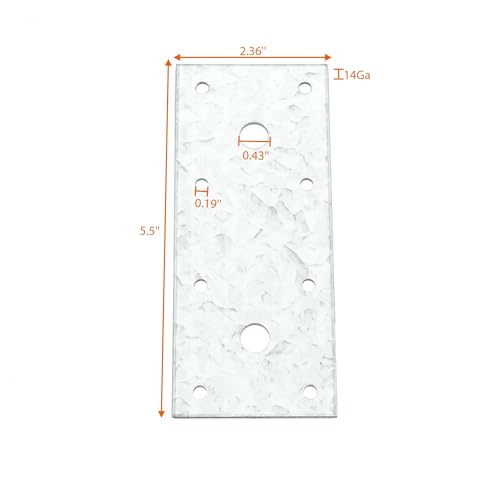 10-Pack 2.4x5.5 Inch Flat Brace Brackets, Galvanized Steel Mending and Joining Plates, Shelf Support and Repair for Furniture, Shelves, 14 Gauge 2.36 x 5.5-in 14-ga with 8 small & 2 big holes Silver