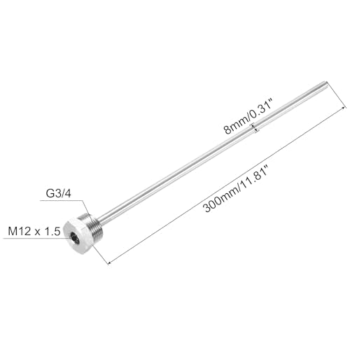 QUARKZMAN Stainless Steel 304 Immersion Sleeves, 300 mm Thermowell G3/4 Inch Male Thread for Temperature Sensor, with White Cap