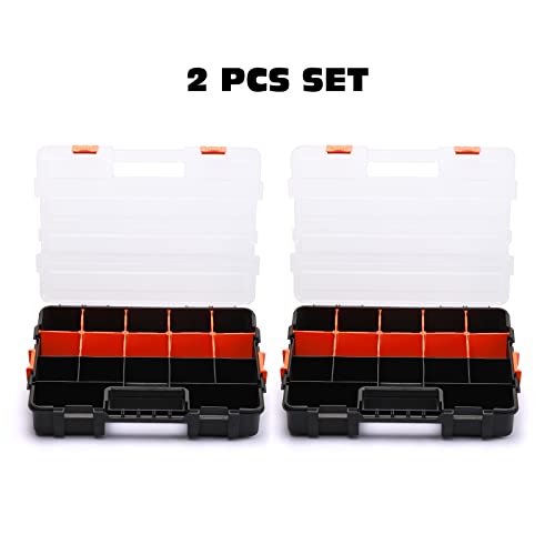 Tool Box Organizer Interlocking Black Small Parts Organizer for Fasteners and Crafts w/Removable Dividers (2 Piece Pack) 2 PCS Toolbox Organizer