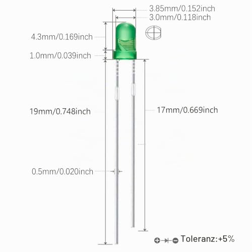 AUKENIEN Pack of 500 3 mm LED Diodes Light Diode Assortment Kit Round Head 2 Pin LED Light Diffuse Diodes Set 5 Colours Red Blue Yellow Green White (100 Pieces Each Colour) 3MM LED Dioden - 5 Farben