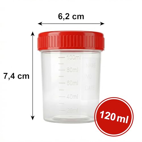 KMINA Urine Container 120 ml, Sample Container with Red Screw Cap, Graduated and with Matte Labelling Zone, Hygienic | Graduated every 20 ml to 100 ml, Matte labelling zone 33 x 50 mm with fields for name and date, Leakproof and hygienic 8u