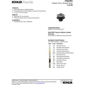 KOHLER K-9136-CP Clearflo Square Design Tile-In Shower Drain, Removable Grid Plate, 2" & 3" PVC Connection, Corrosion Resistant, Polished Chrome