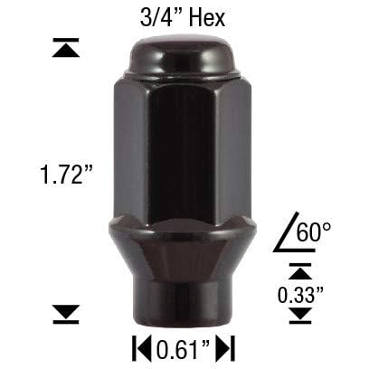 20 ET Black Conical Bulge Long Lug Nuts 7/16"-20 with Center Washers 0.33" Shank 0.62" Dia 1.75" Length 7/16" 20