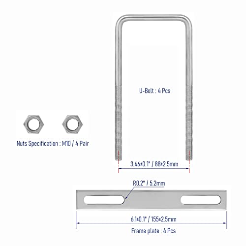 4 Sets 304 Stainless Steel Square U-Bolts, 80x150mm, M10 80×150mm (W*L)