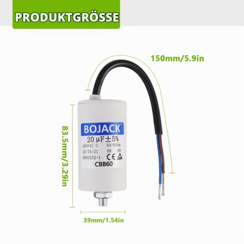 BOJACK 20uF 450V Motor Running Capacitor 40 x 73 mm Starting Capacitor Engine Start Capacitor with Capacitor with Lead Wire M8 with Nut Suitable for Most Engines