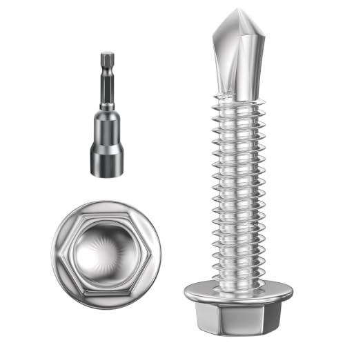 Wensilon (300Pcs) #12×1" Hex Washer Head Self Drilling Screws, 410 Stainless Steel Metal SheetScrews，TEK Screws, Sheet Metal Self Tapping Screws #12x1" Silver