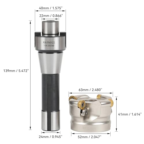 HFS(R) Face Mill Cutter Holder 63mm R8-FMB22 Shank with Cutter Inserts and Spanners for Milling EMRW 6R63-22(2.48")