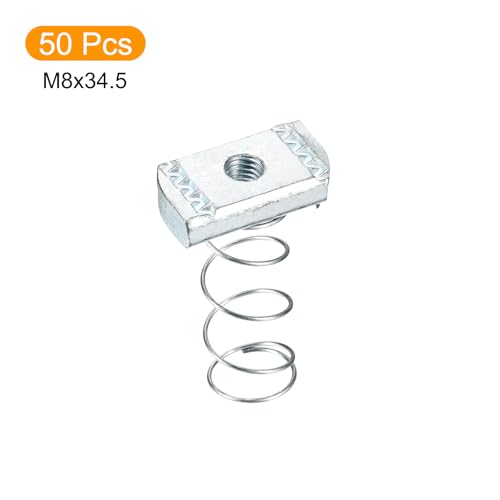 uxcell Strut Spring Channel Nut Regular, 50Pcs M8x34.5 Carbon Steel Zinc-Plating Long Spring Nuts for Strut Channel Mounts Solar Panel M8x34.5x20mm 50