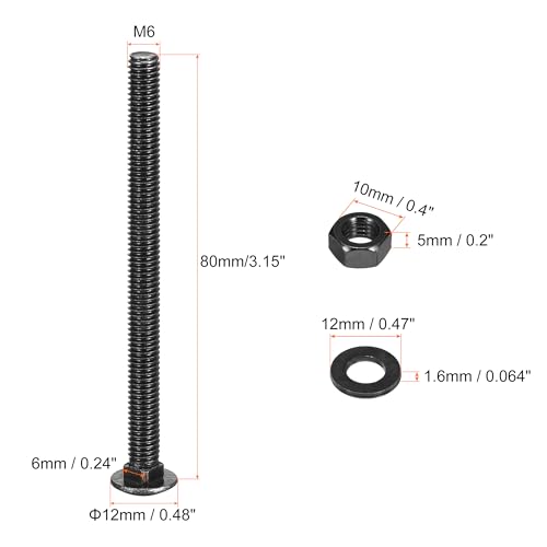 uxcell M6x80mm Square Neck Carriage Bolts with Nuts & Washers, 50Set 304 Stainless Steel Round Head Square Neck Coach Bolt Screws, Black 50