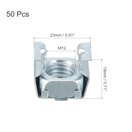 uxcell M12 x 1.75mm Cage Nut, 50Pcs Snap-in Cage Nuts, Carbon Steel Zinc Plated Metric Nut for Server Rack Cabinet, Silver 50