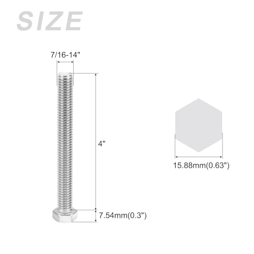 METALLIXITY Hex Head Screw Bolt (7/16-14x4) 20Pcs, 316 Stainless Steel, Fully Threaded, External Hex Drive, Bright Finish - for Repair, Silver 7/16-14x4" 20