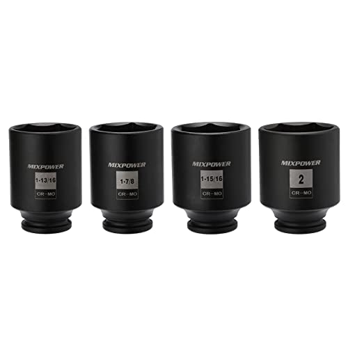 MIXPOWER 1/2-Inch Drive Deep Impact Socket Set, Inch, Cr-Mo, 6 Point, 1-13/16",1-7/8", 1-15/16", 2", 4-Pieces 1/2" Dr. Spindle Axle Nut Impact Socket Set, Impact Grade