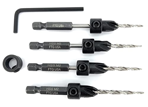 FTG USA Countersink Drill Bit Set 4 Pc Same Size #6 (9/64") with Tapered Countersink Bit, 6 Storage Containers 1 Stop Collar, 1 Hex Wrench