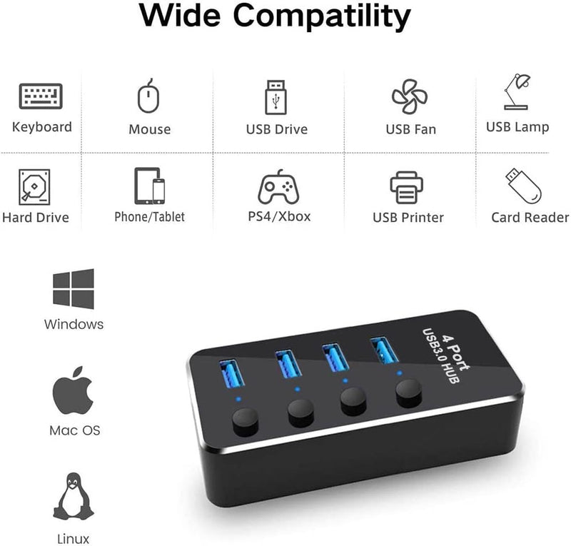 Powered USB 3.0 Hub, RSHTECH 4 Port USB Hub Splitter Portable Aluminum USB Data Hub Expander with Individual On/Off Switch and Universal 5V AC Adapter, 3.3ft USB 3.0 Cable(RSH-516) 4 port powered USB 3.0 hub