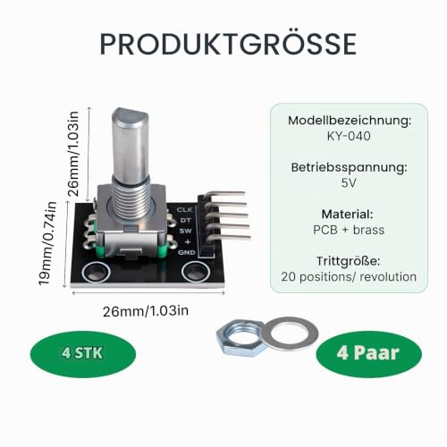 4 Pieces KY-040 Rotary Encoder Module Rotary Encoder, 360° Rotary Encoder Module with Rotary Encoder & Potentiometer Button, Static Torque Sensor for Electronics, Arduino & Multimedia