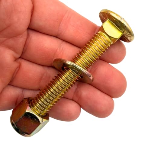 1/2"-13 x 3 Grade 8 Carriage Bolts (10-Pack) – Heavy-Duty Coarse Thread Bolts with Washers and Nylon Lock Nuts – Round Head Square Neck SAE J429 3.0" Yellow Zinc Finish Bolts, Washers, Nuts 10