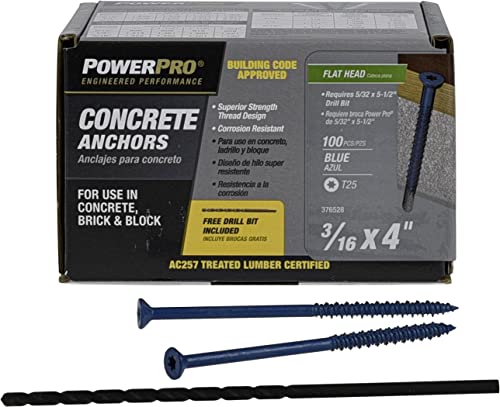 Power Pro 376528 Concrete Screw Anchors, 3/16" x 4", High-Performance, Code-Approved, Epoxy Coated, Coarse Thread, for Concrete and Masonry, Outdoor Rust Resistant, Blue, 100pcs 3/16" x 4" 100 Pieces