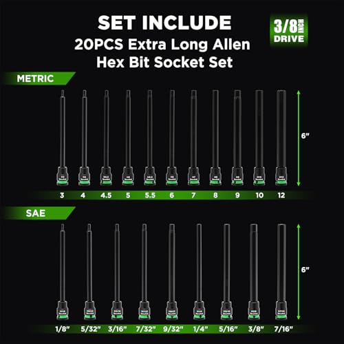 TecoTek 3/8" Drive Long Impact Hex Bit Socket Set, Allen Bit Sockets, 20PCS Allen Wrench Socket, SAE (1/8"-7/16”) and Metric (3MM-12MM), 6" Long CR-V & S2 Alloy Steel Hex Key Set