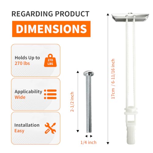 Heavy Duty Drywall Anchor Bolts Kit – 1/4"-20 with Included Bolts, Holds 270lbs Each in 1/2" Drywall, Ideal for TV Mounting & Shelves, Hollow Wall Anchors, 40 Packs